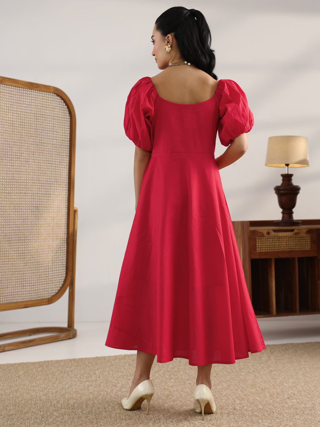  Red Solid Cotton A-Line One Piece Dress 