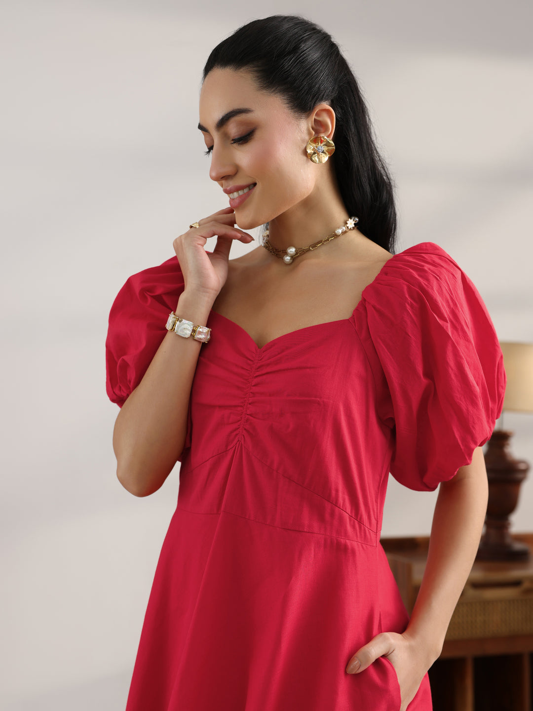  Red Solid Cotton A-Line One Piece Dress 