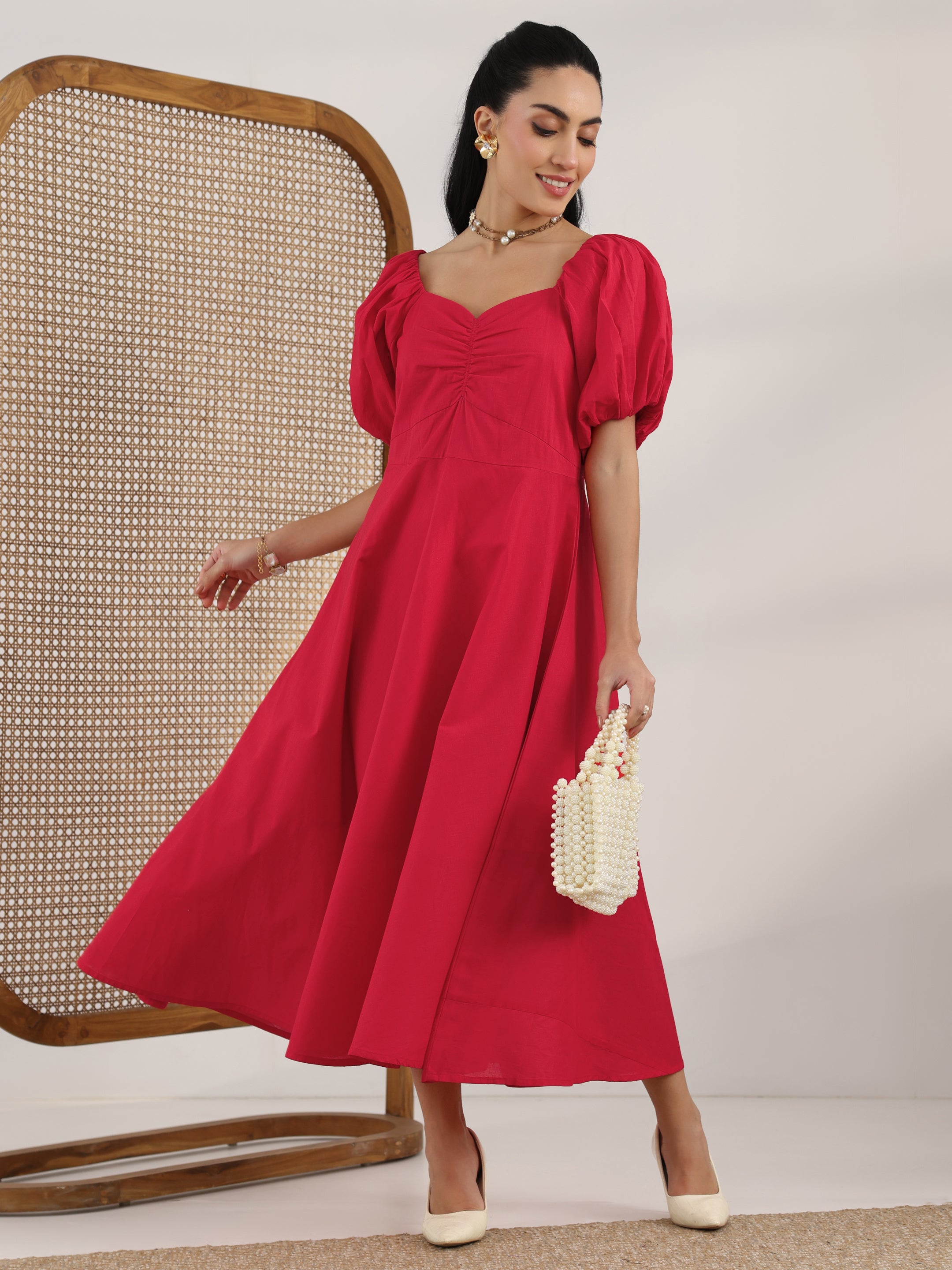 Red Solid Cotton A-Line One Piece Dress-image-25