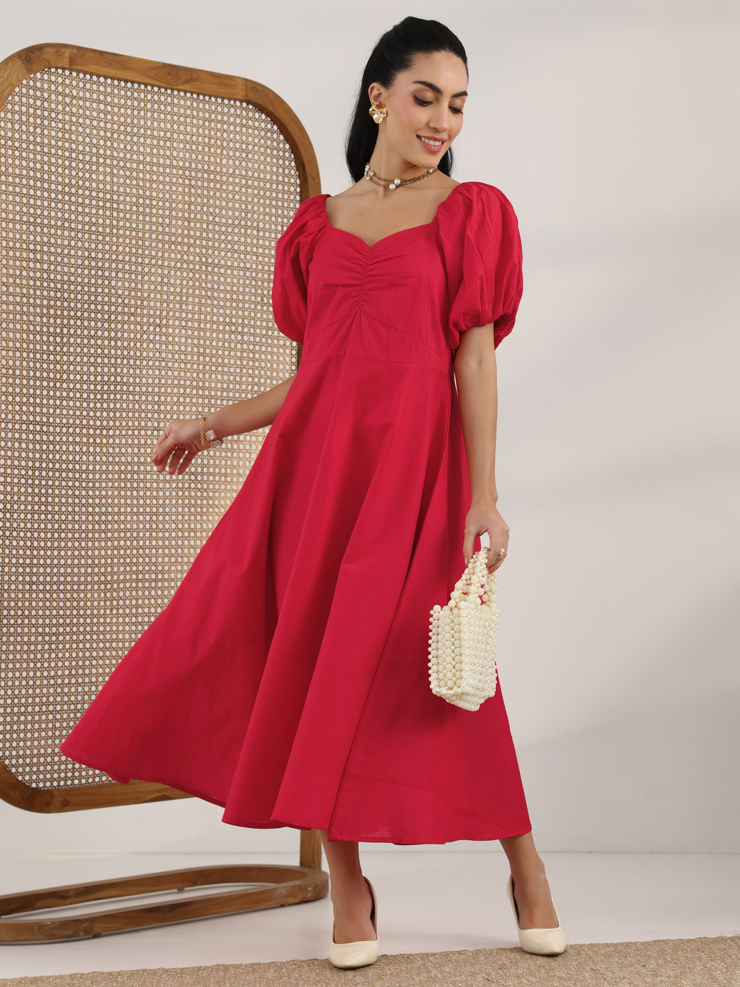 Red Solid Cotton A-Line One Piece Dress