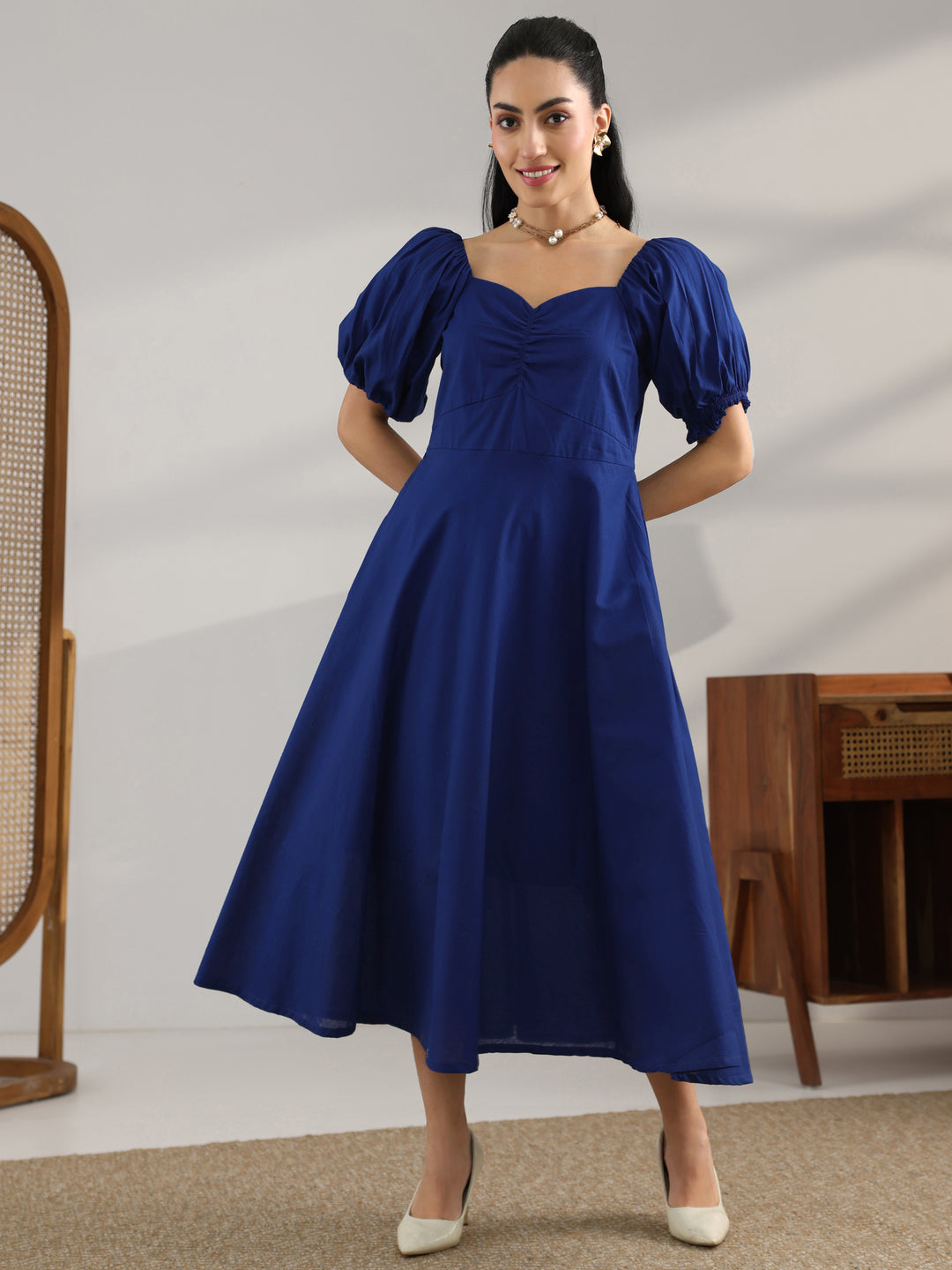  Blue Solid Cotton A-Line One Piece Dress 