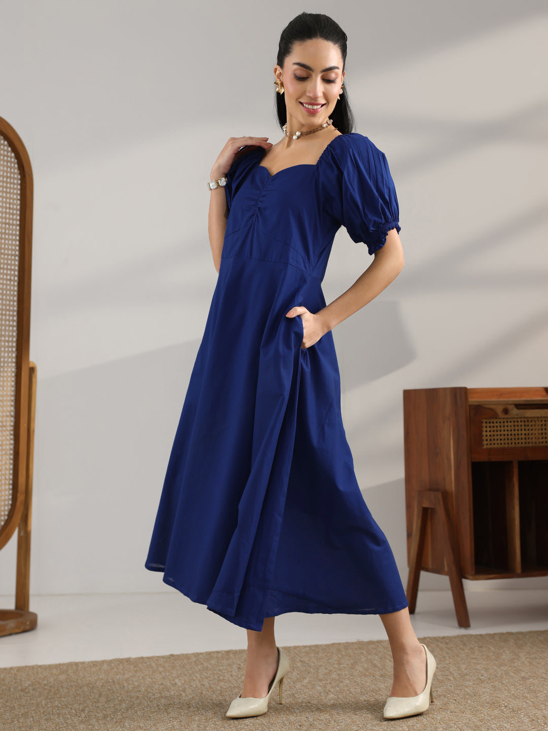  Blue Solid Cotton A-Line One Piece Dress 
