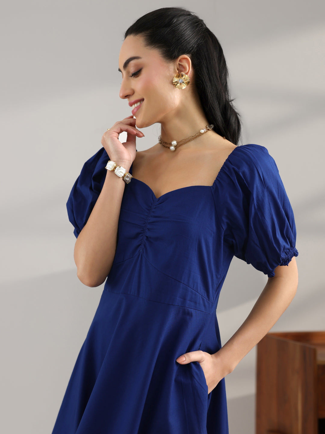  Blue Solid Cotton A-Line One Piece Dress 