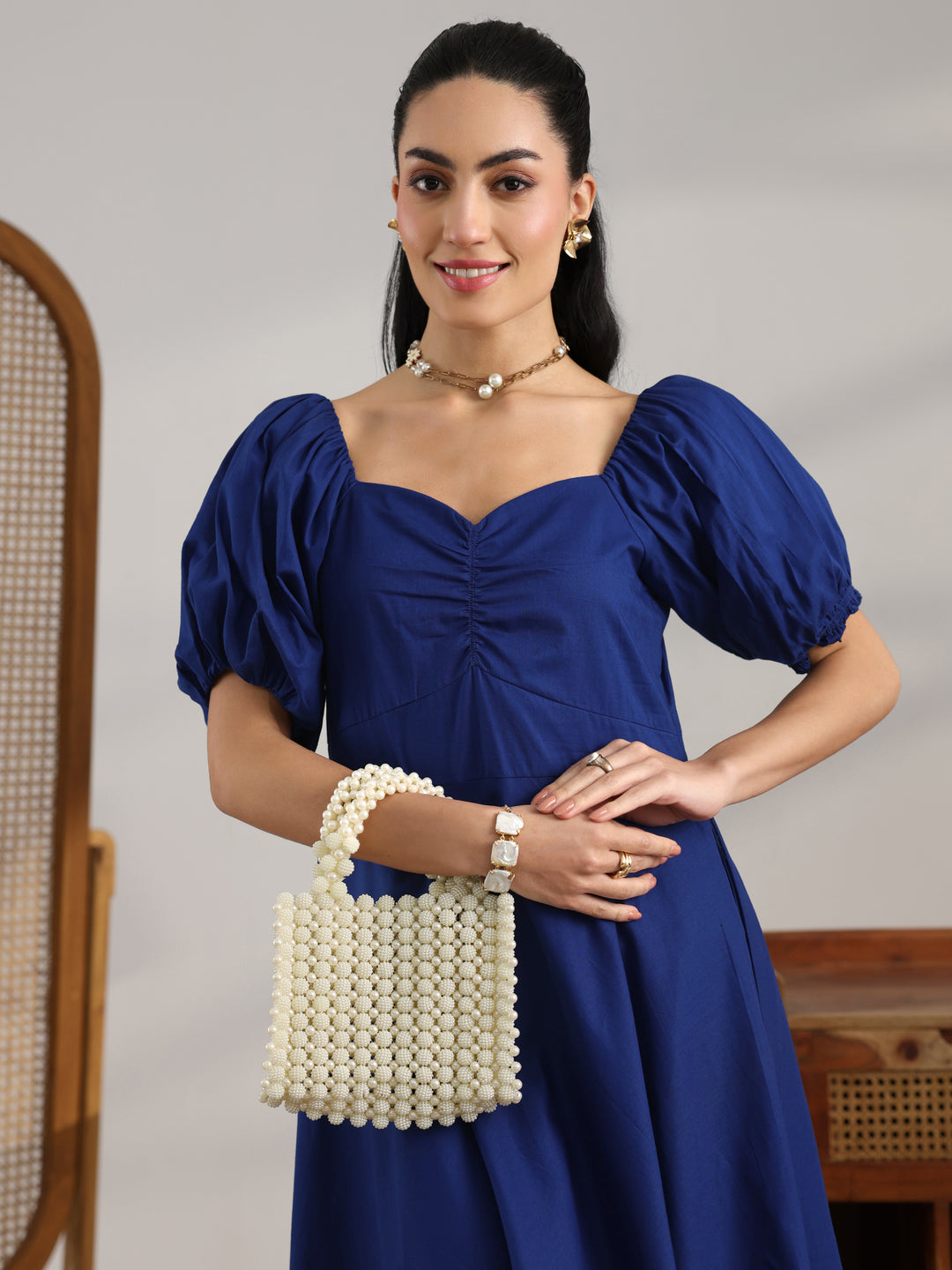  Blue Solid Cotton A-Line One Piece Dress 