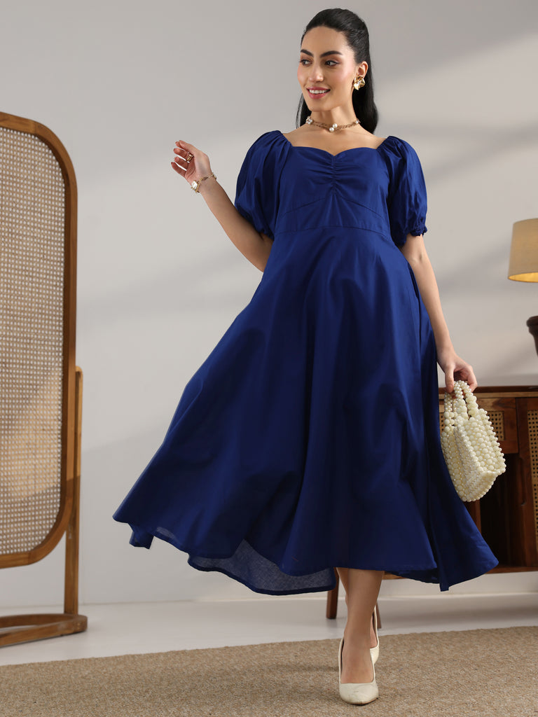 Libas Blue Solid Cotton A-Line One Piece Dress
