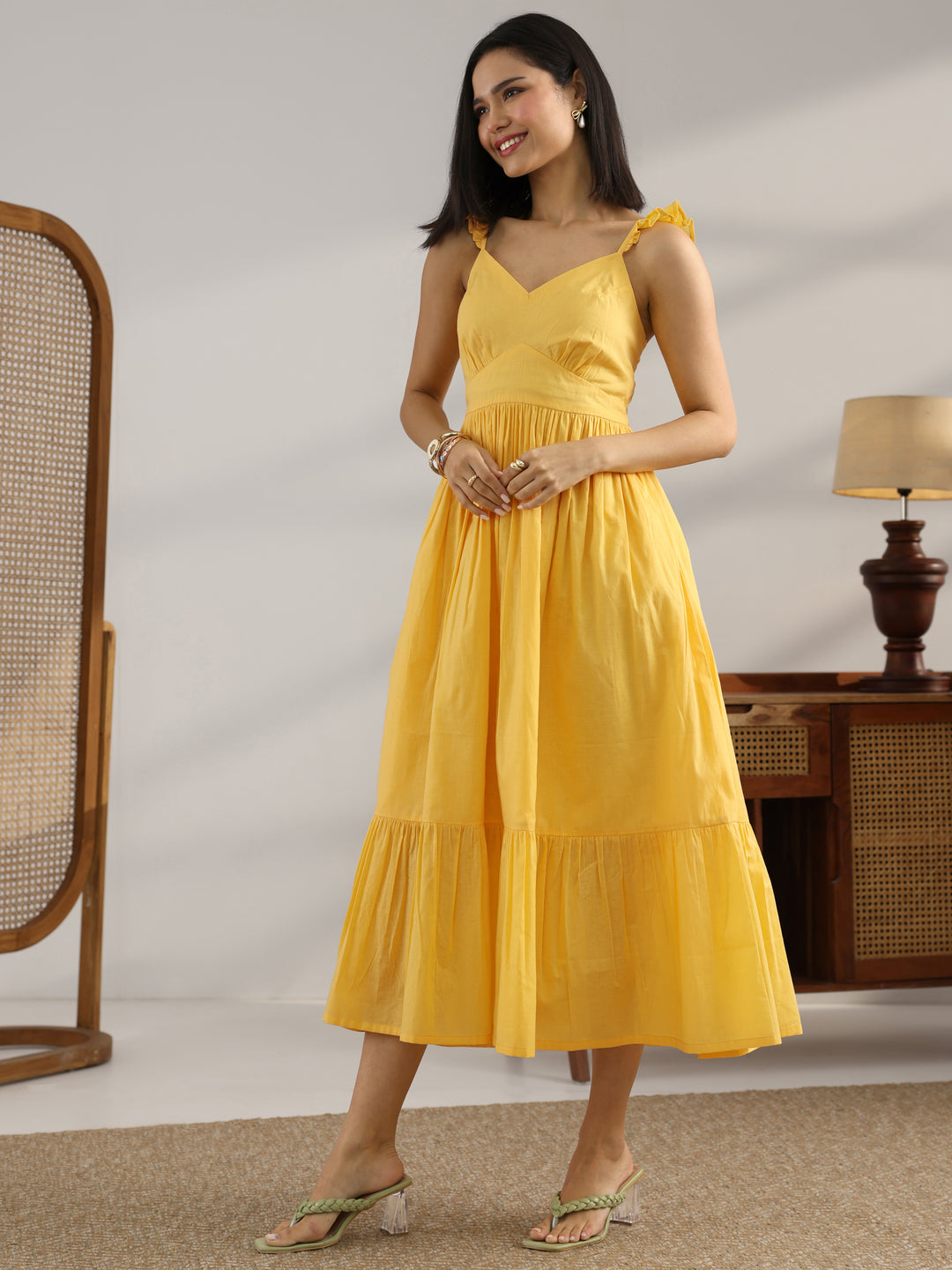  Yellow Solid Cotton One Piece Dress Fit And Flare 