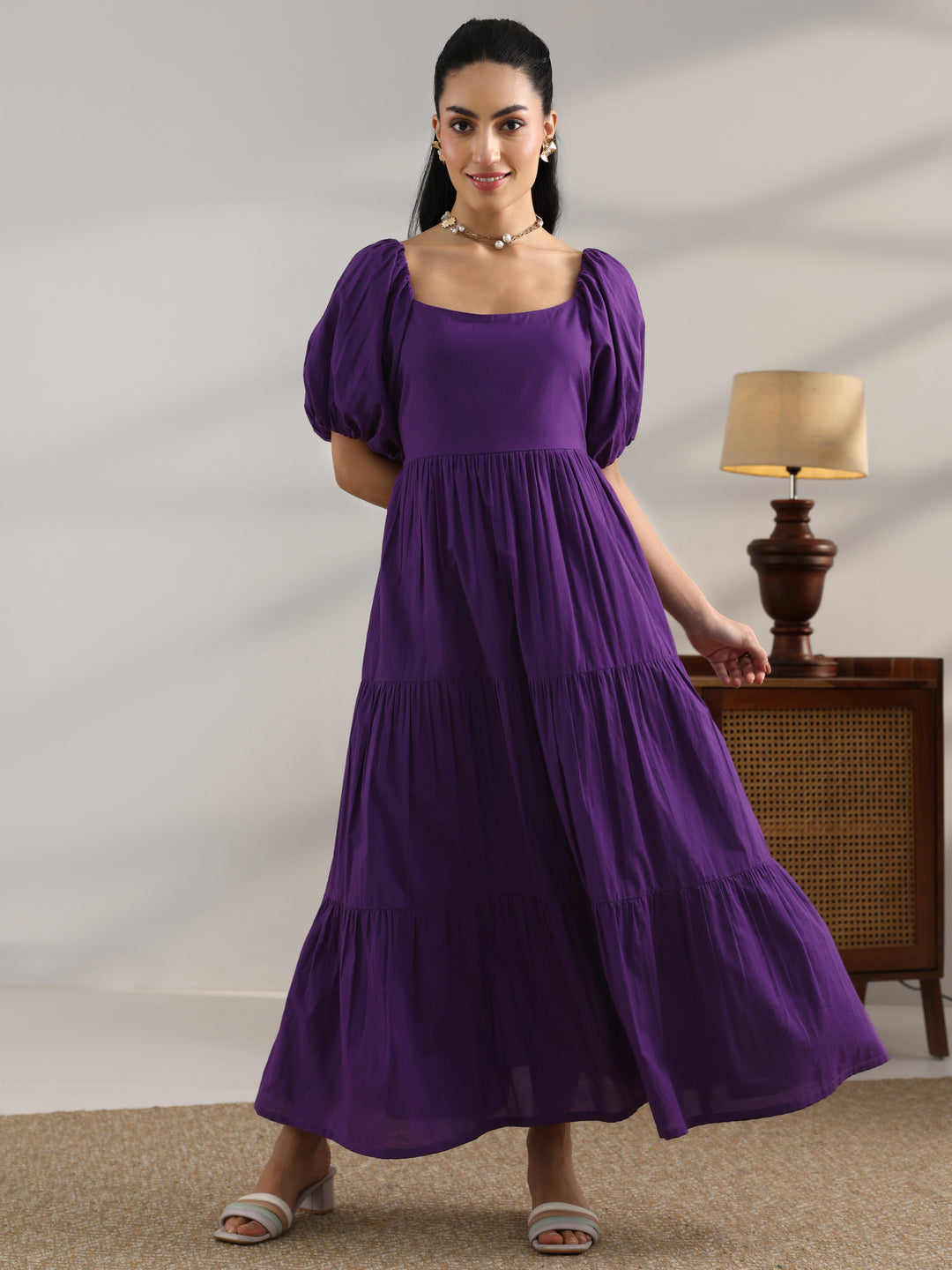  Purple Solid Cotton Fit And Flare One Piece Dress 