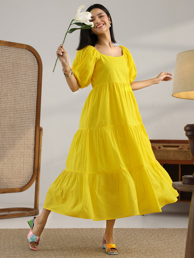 Libas Yellow Solid Cotton Fit And Flare One Piece Dress