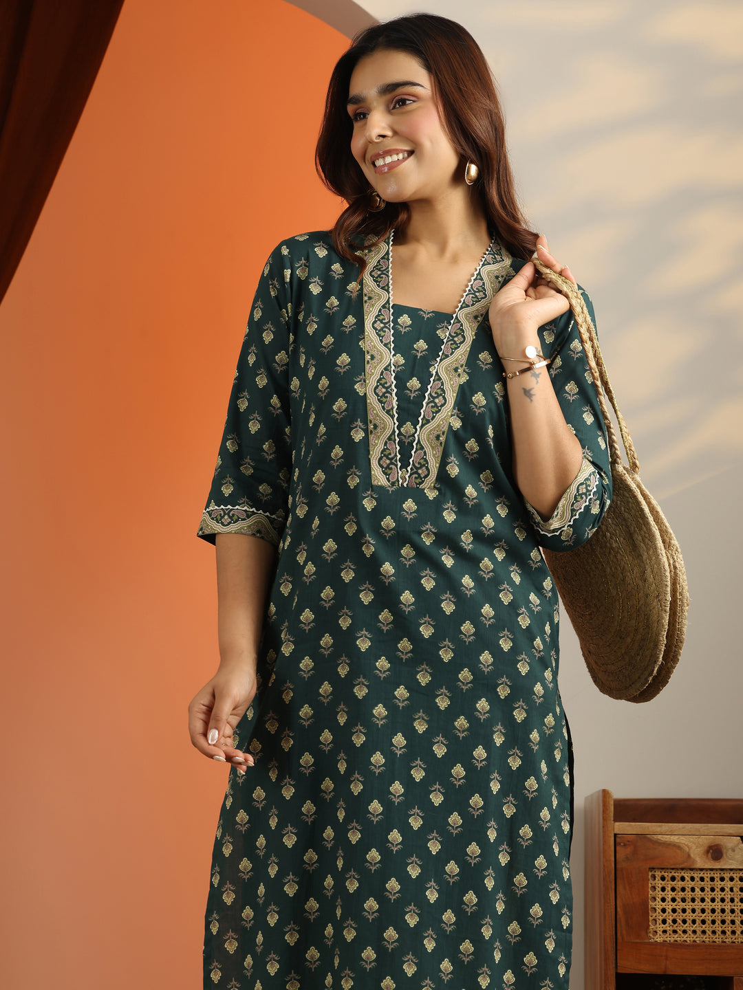 Green Printed Cotton Straight Kurta