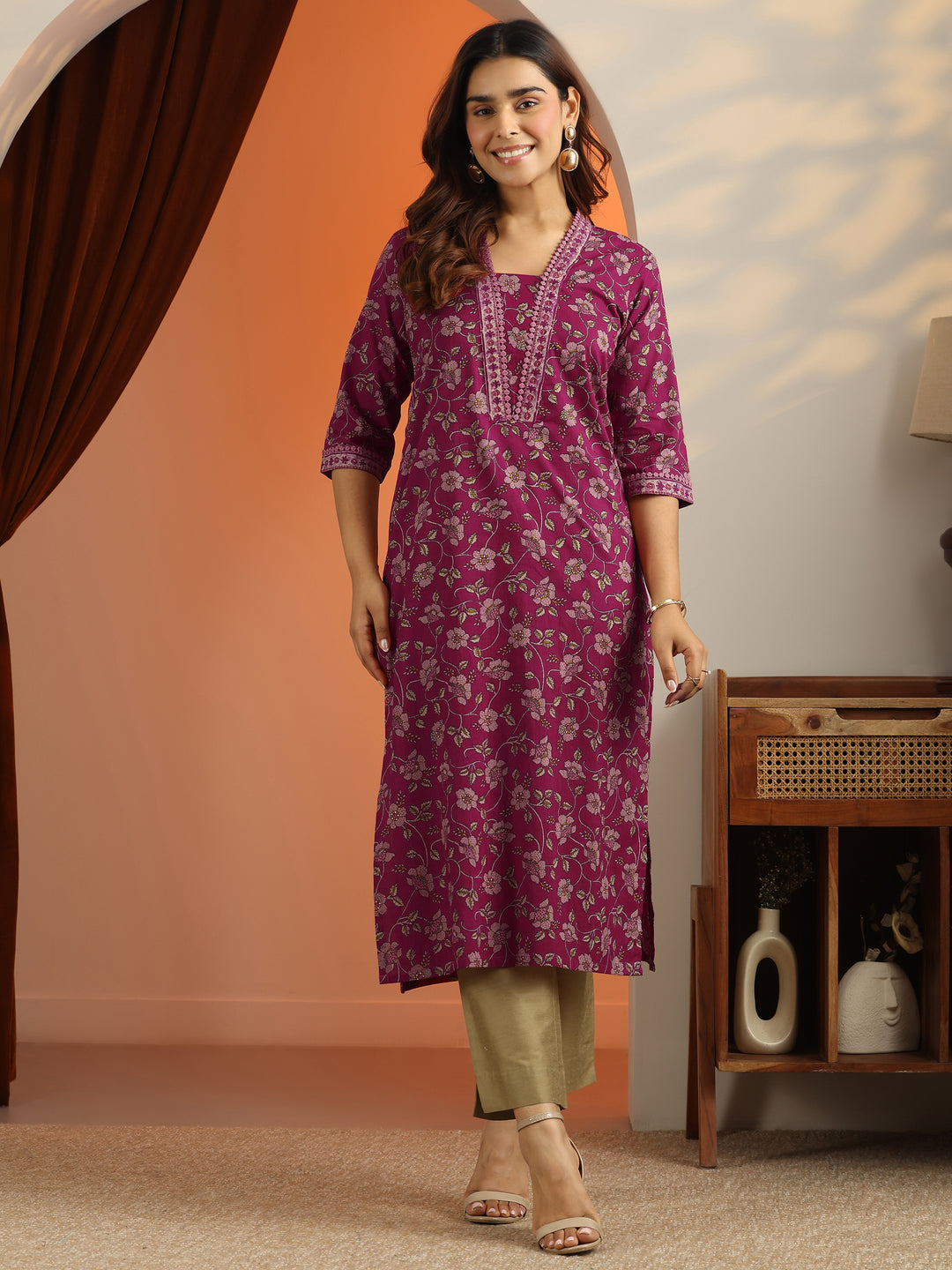  Purple Printed Cotton Straight Kurta 