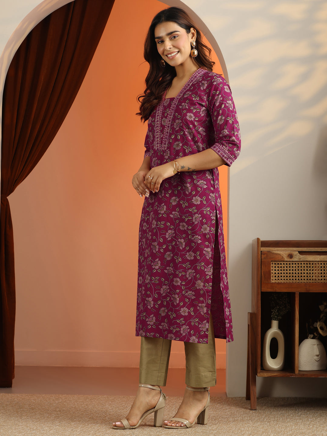  Purple Printed Cotton Straight Kurta 