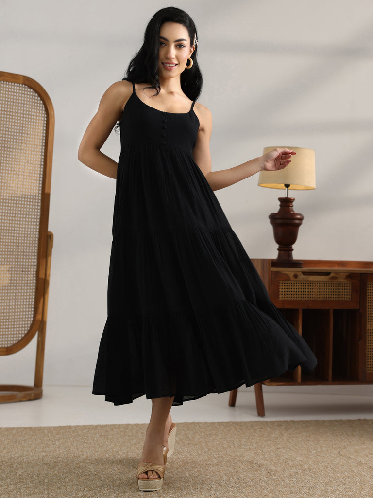 Buy Black Solid Silk Blend Fit And Flare One Piece Dress Online at
