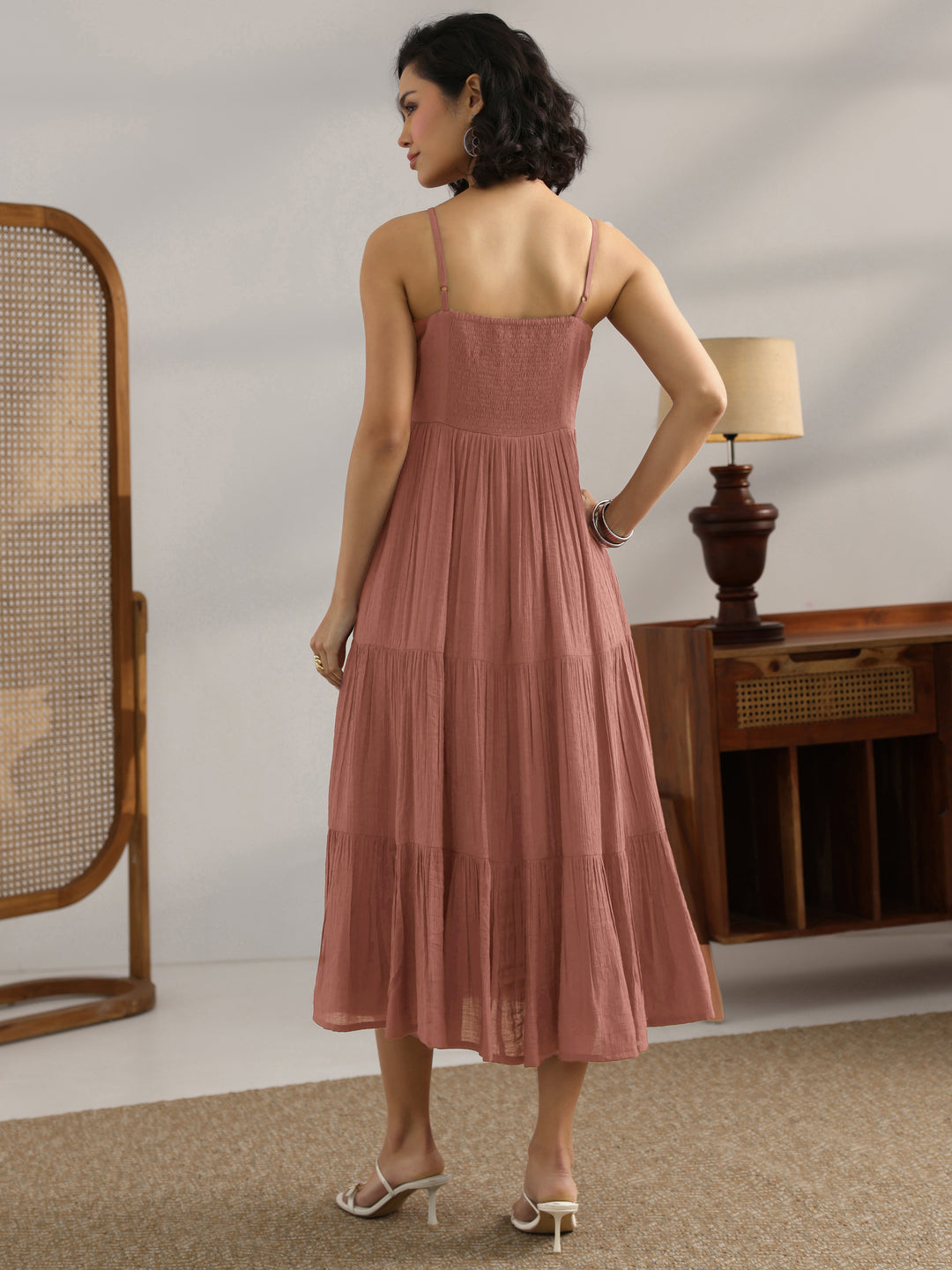  Mauve Solid Silk Blend Fit And Flare One Piece Dress 