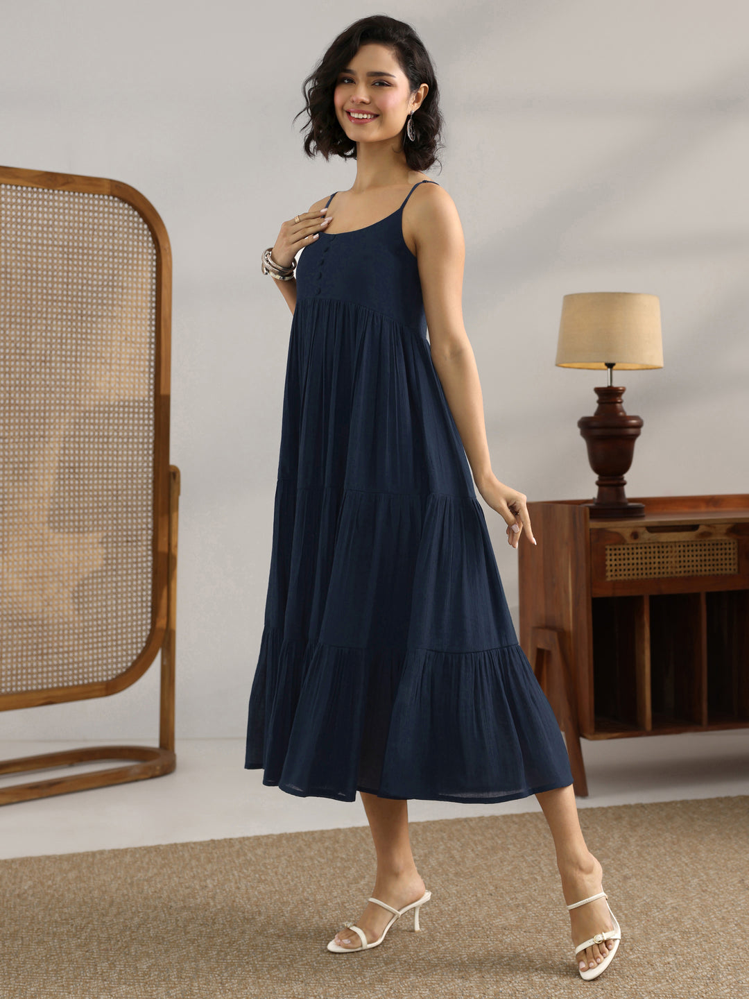  Blue Solid Silk Blend Fit And Flare One Piece Dress 