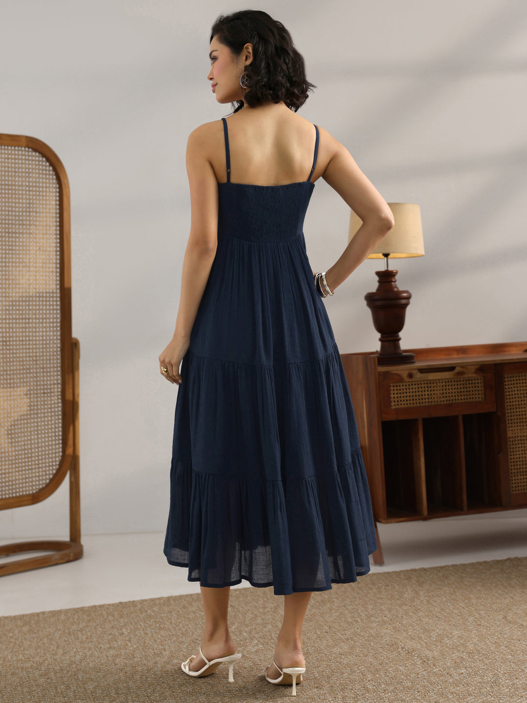  Blue Solid Silk Blend Fit And Flare One Piece Dress 