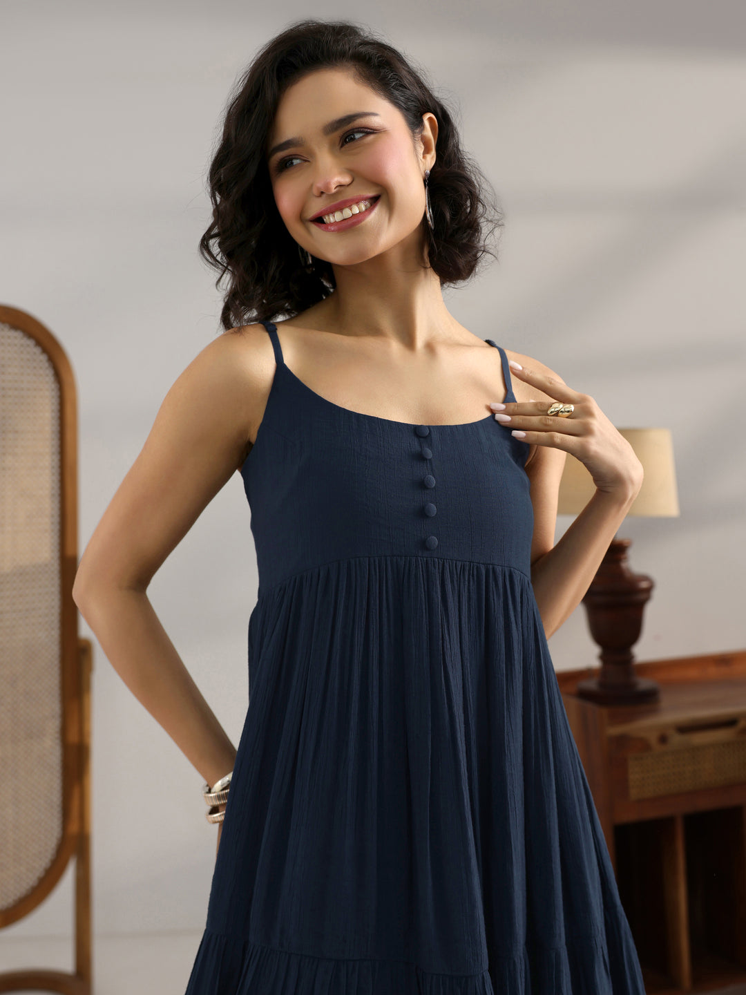  Blue Solid Silk Blend Fit And Flare One Piece Dress 
