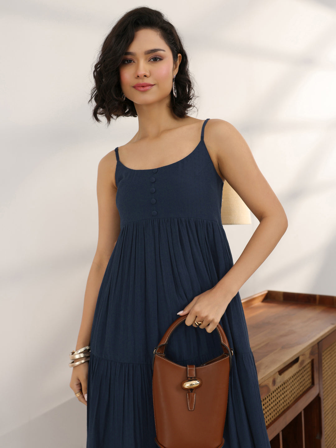  Blue Solid Silk Blend Fit And Flare One Piece Dress 