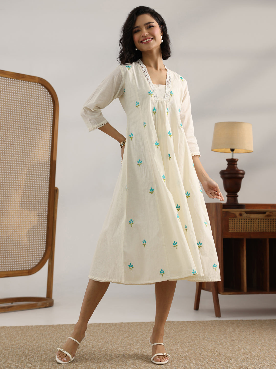  Off White Printed Cotton Pleated A-Line One Piece Dress 