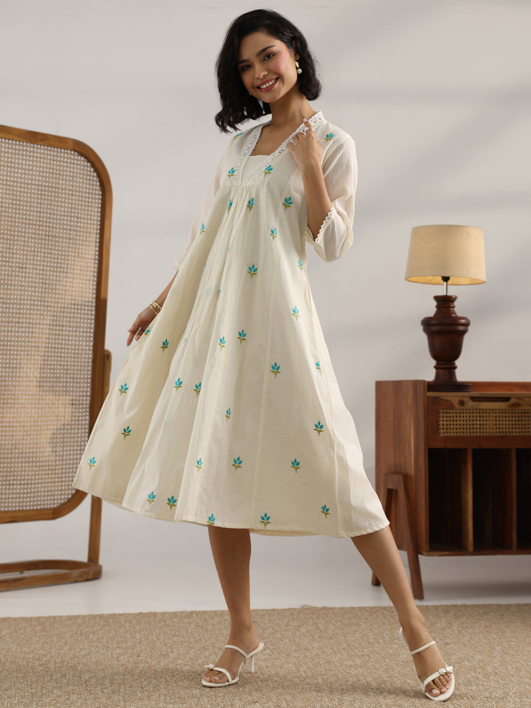  Off White Printed Cotton Pleated A-Line One Piece Dress 