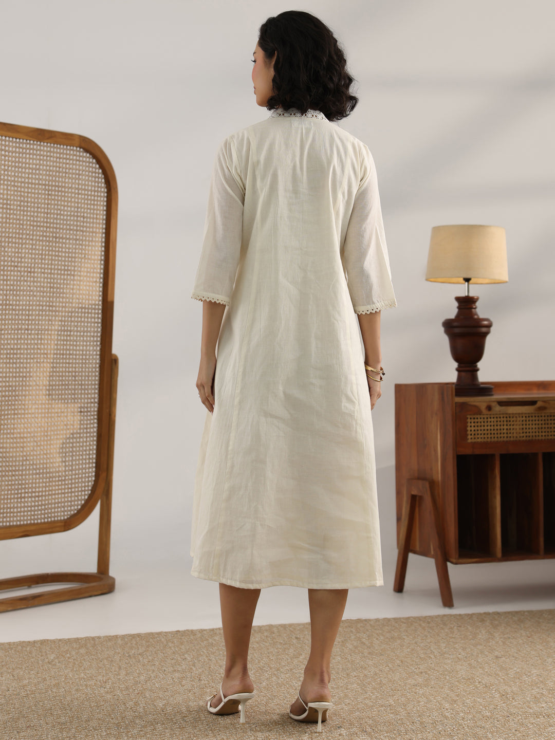  Off White Printed Cotton Pleated A-Line One Piece Dress 