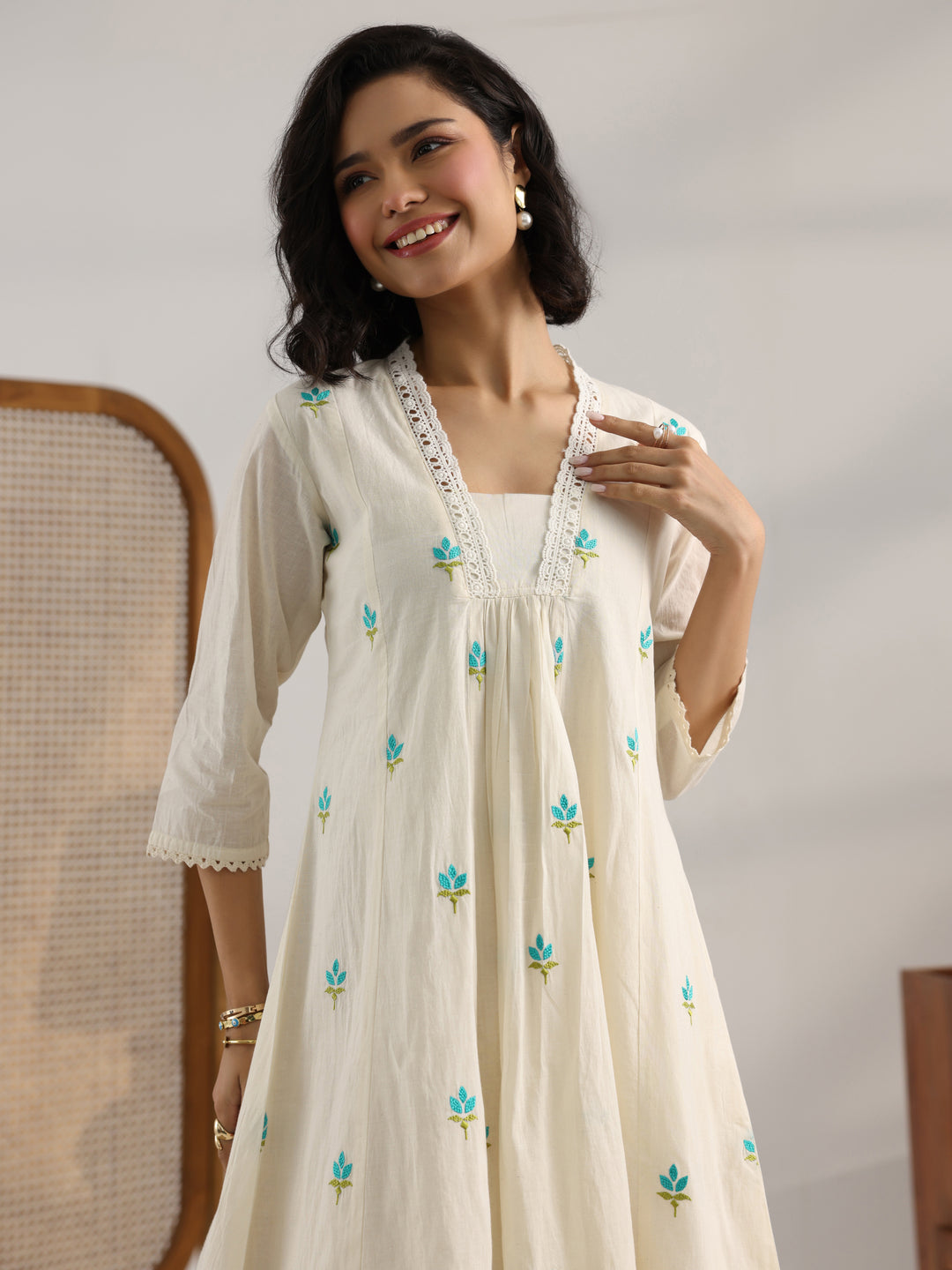  Off White Printed Cotton Pleated A-Line One Piece Dress 