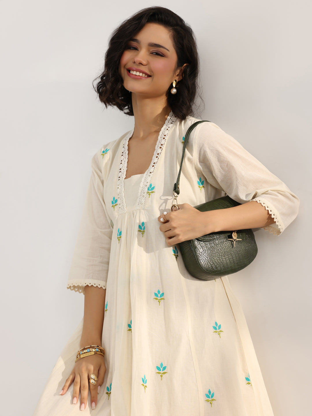  Off White Printed Cotton Pleated A-Line One Piece Dress 