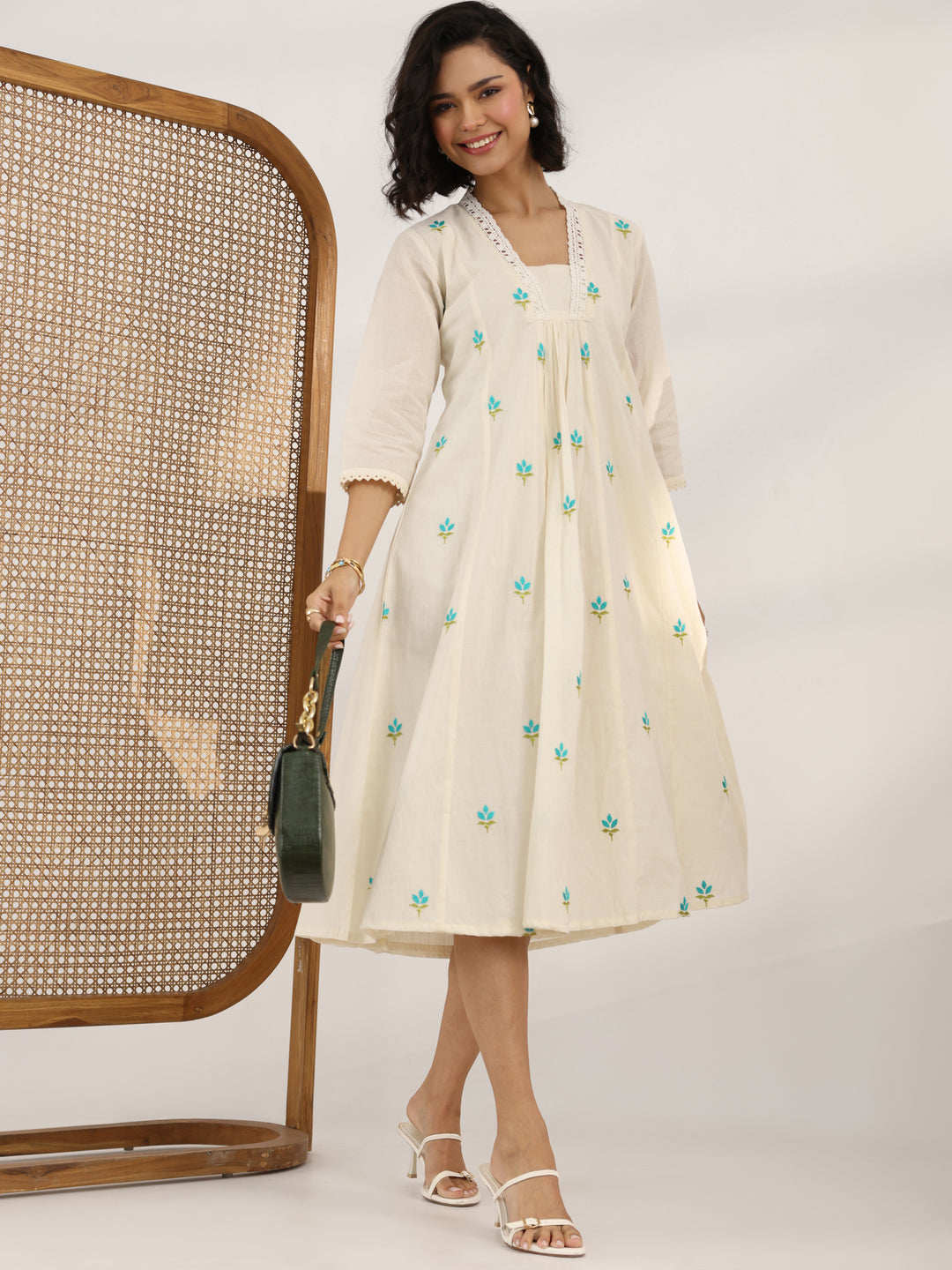  Off White Printed Cotton Pleated A-Line One Piece Dress 