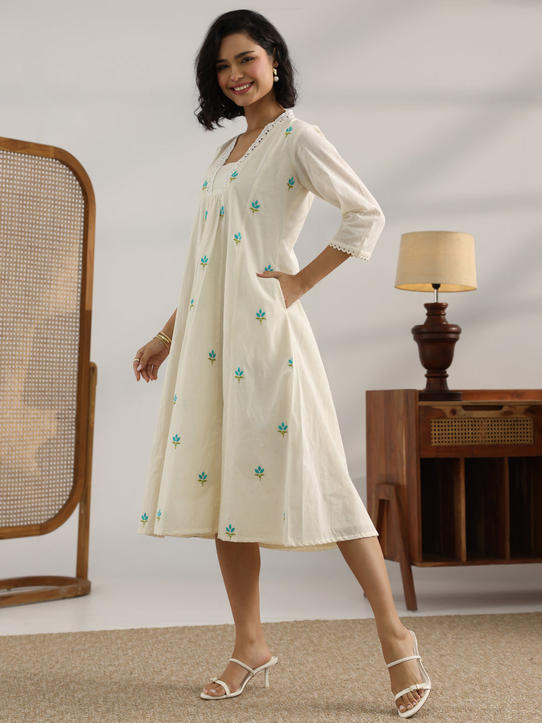  Off White Printed Cotton Pleated A-Line One Piece Dress 