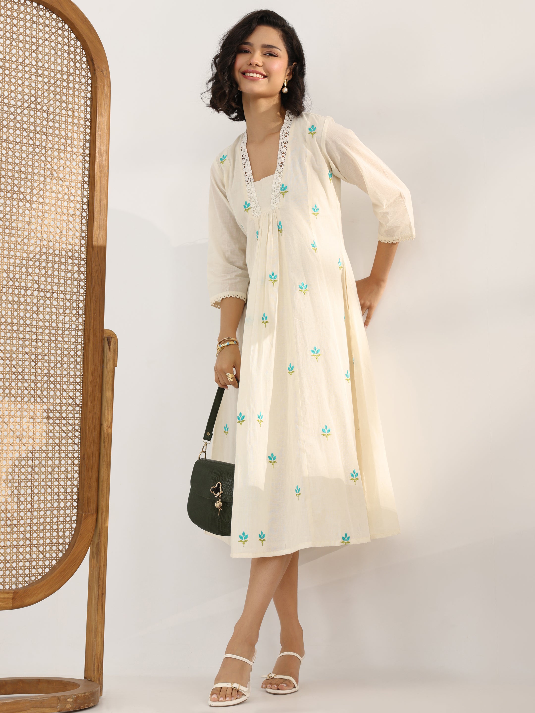 Off White Printed Cotton Pleated A-Line One Piece Dress-image-25