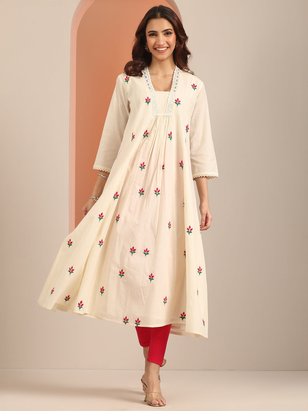  Off White Printed Cotton Pleated A-Line One Piece Dress 