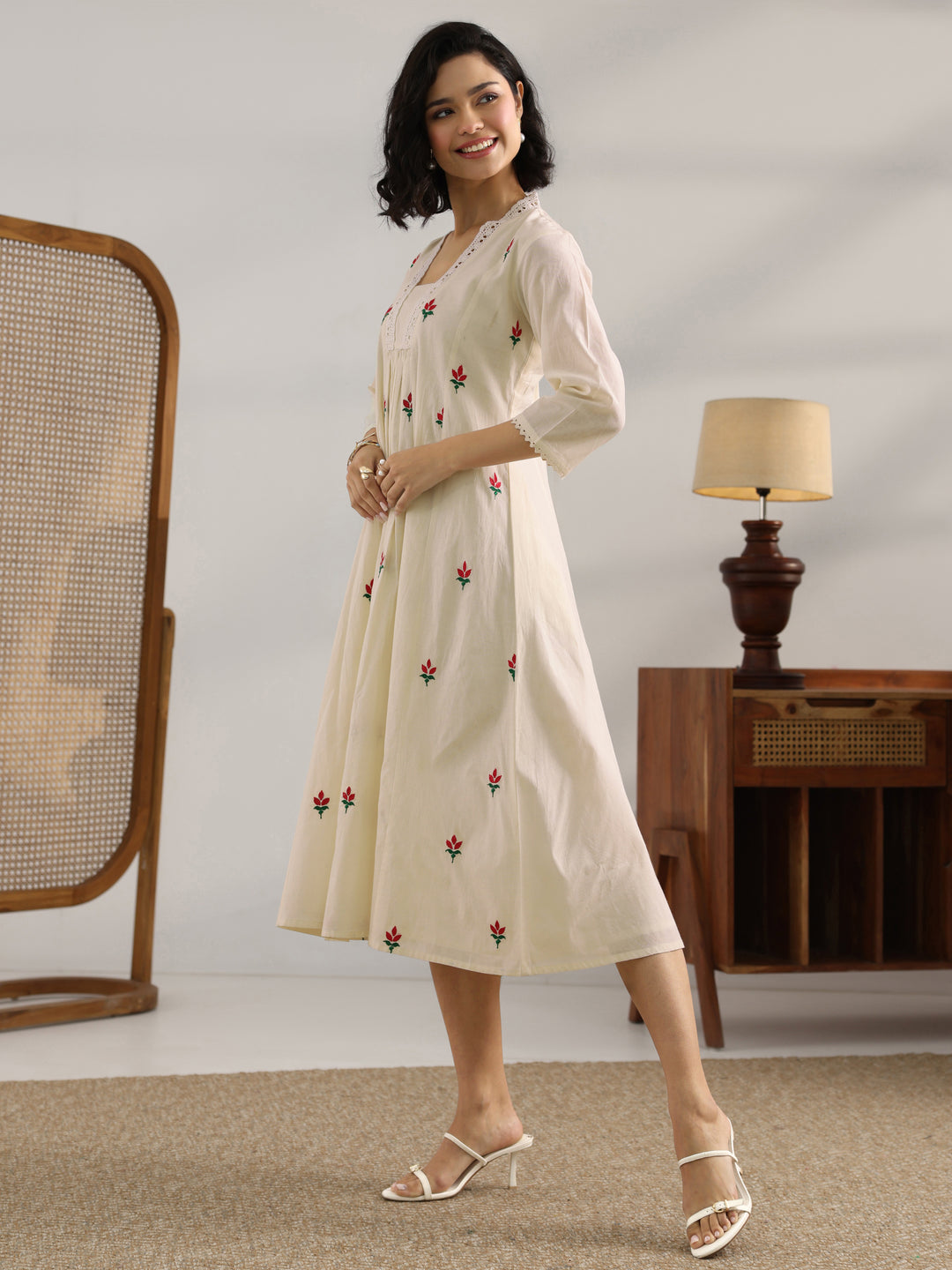  Libas Off White Printed Cotton Pleated A-Line One Piece Dress 