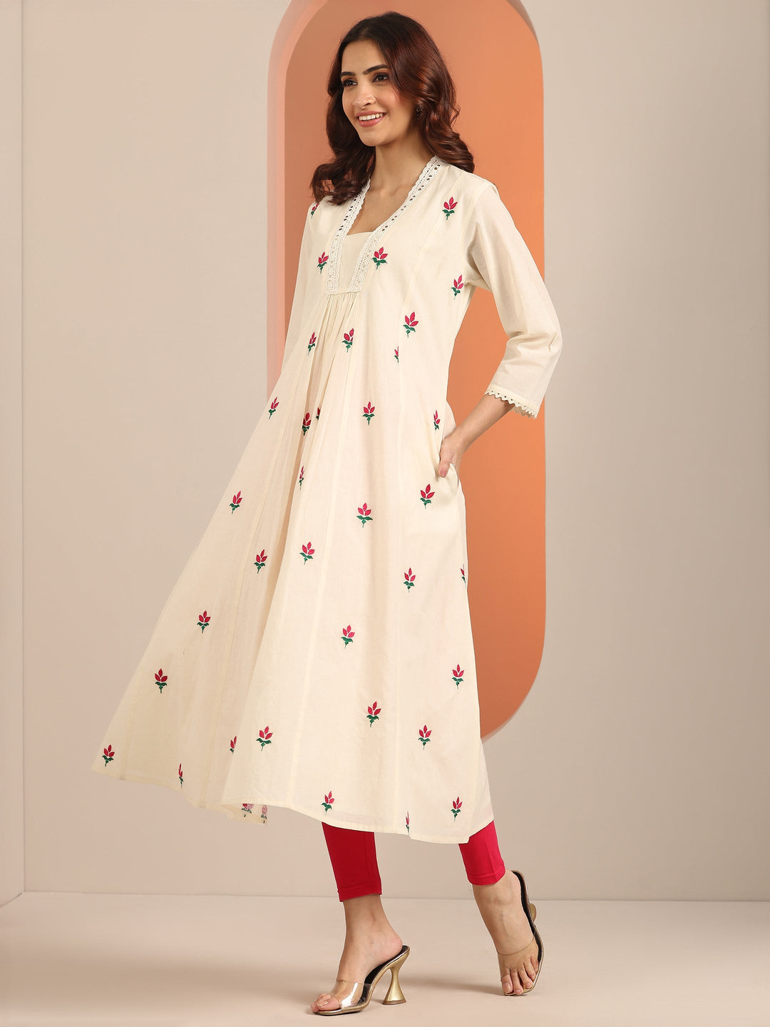  Off White Printed Cotton Pleated A-Line One Piece Dress 