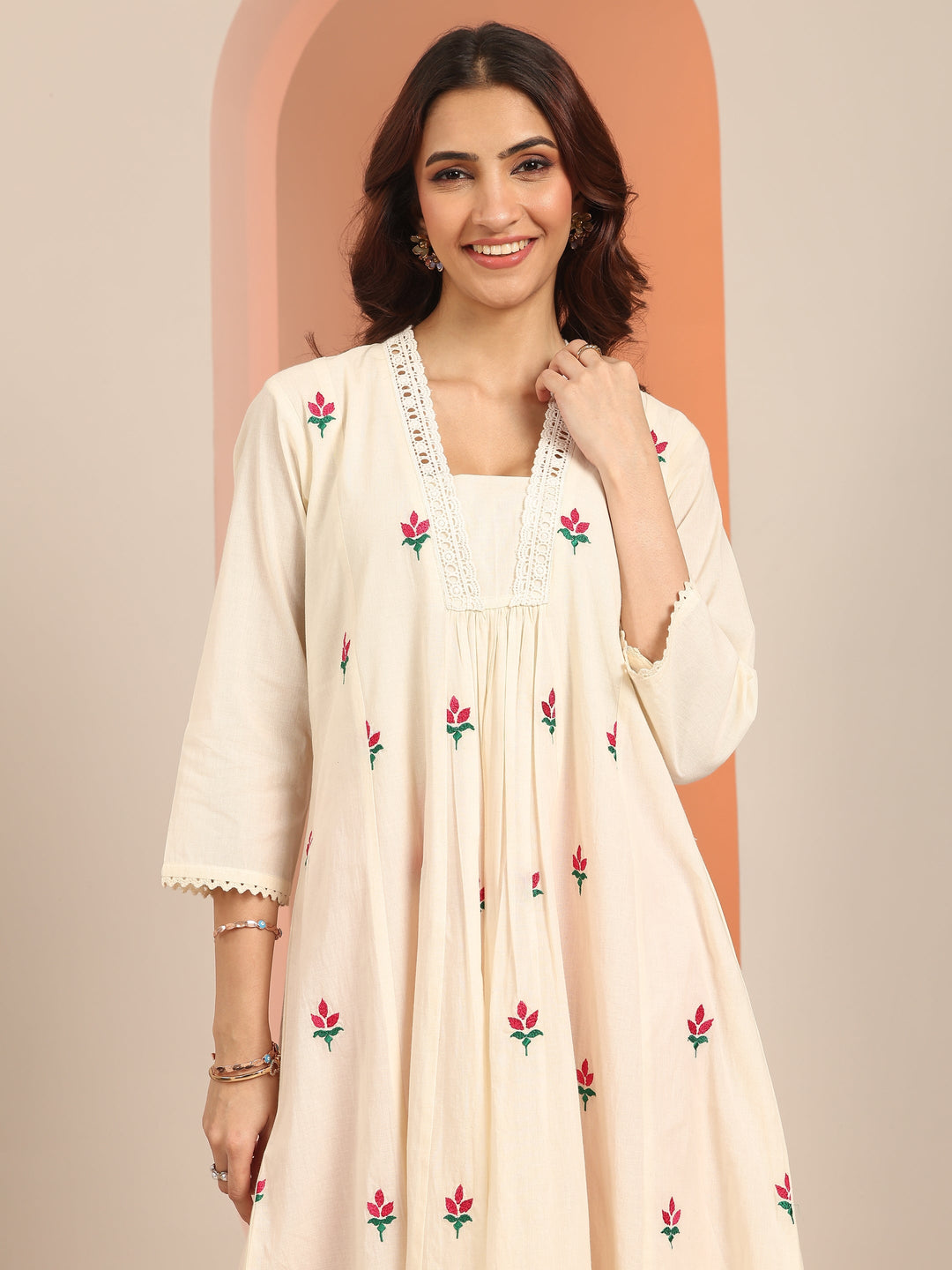  Off White Printed Cotton Pleated A-Line One Piece Dress 