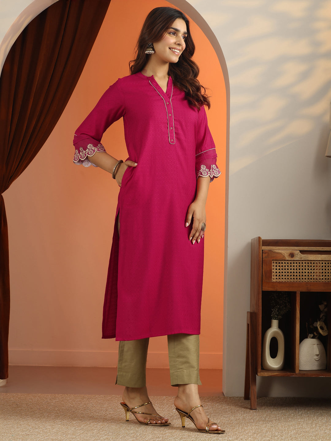  Pink Woven Design Silk Blend Straight Kurta 