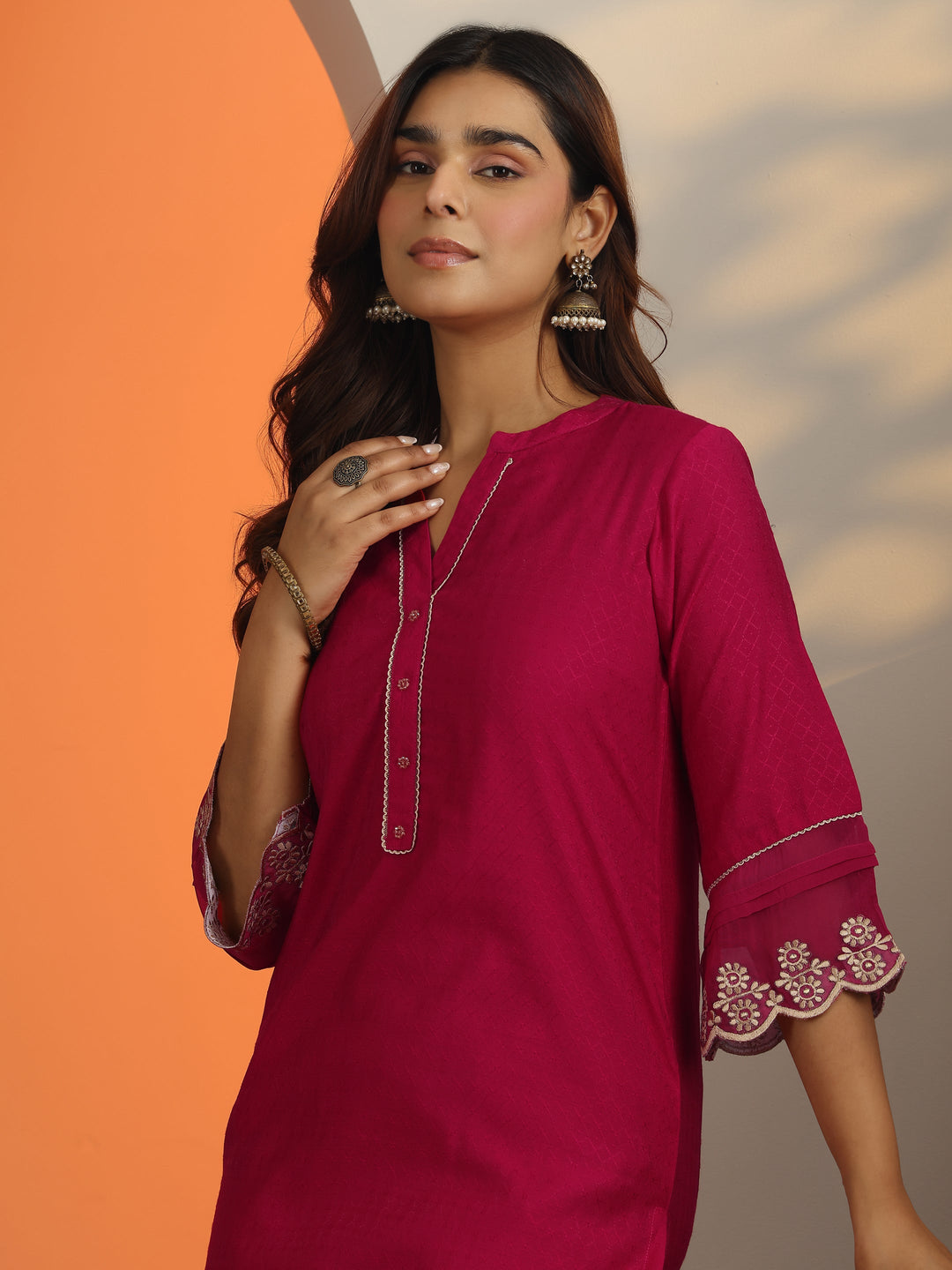  Pink Woven Design Silk Blend Straight Kurta 