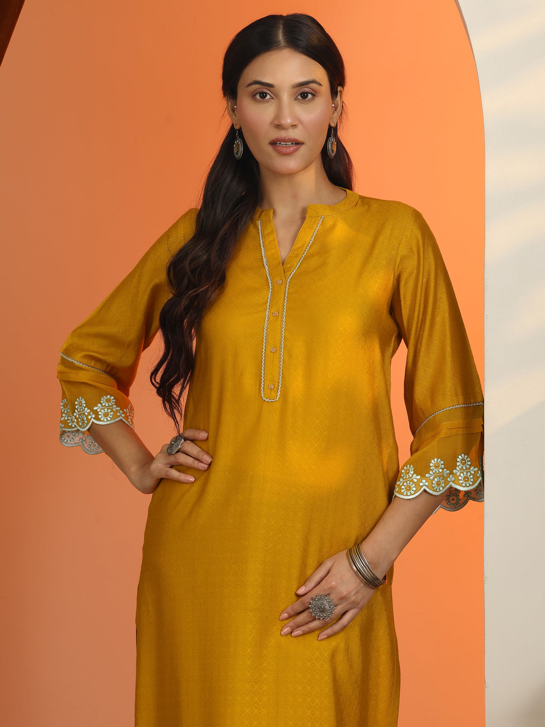  Mustard Woven Design Silk Blend Straight Kurta 
