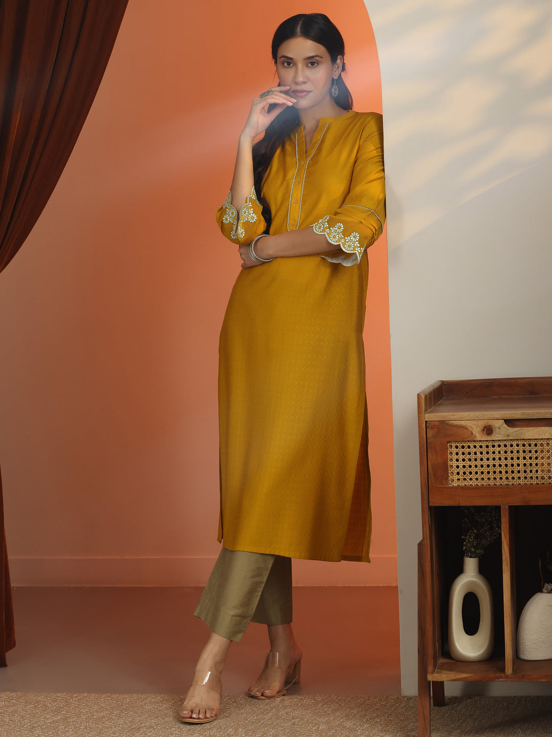  Mustard Woven Design Silk Blend Straight Kurta 