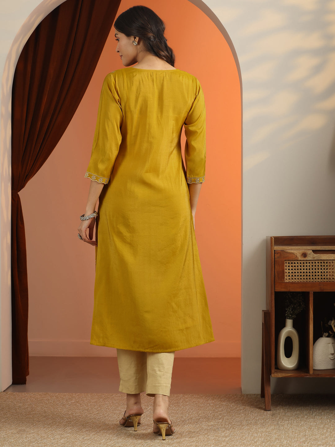  Mustard Floral Embroidered Silk Blend Straight Kurta 