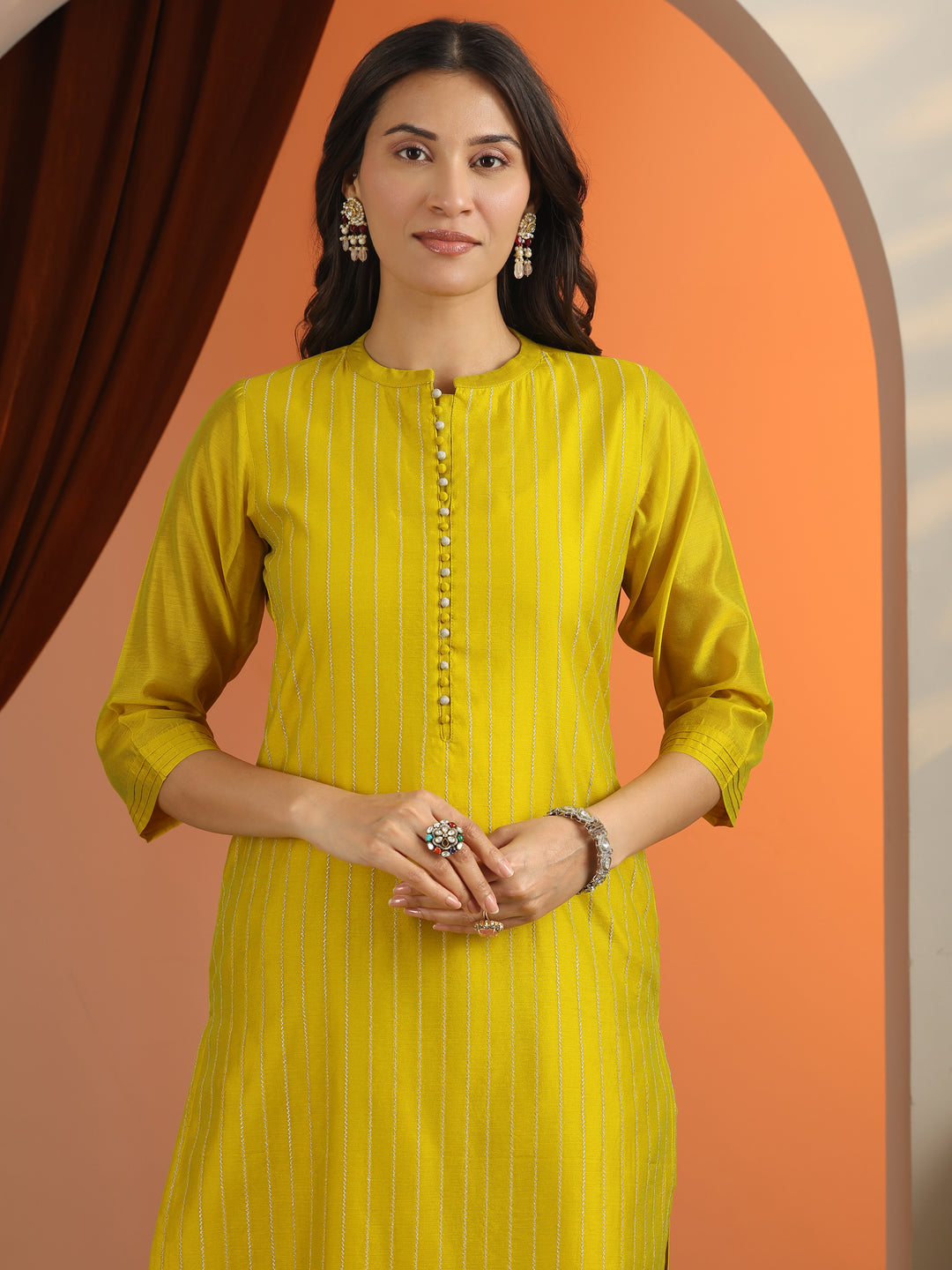  Yellow Embroidered Silk Blend Straight Kurta 