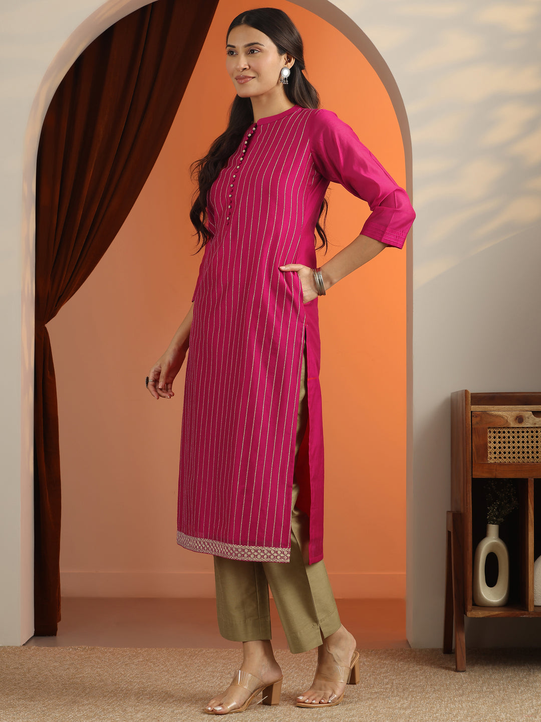  Pink Embroidered Silk Blend Straight Kurta 