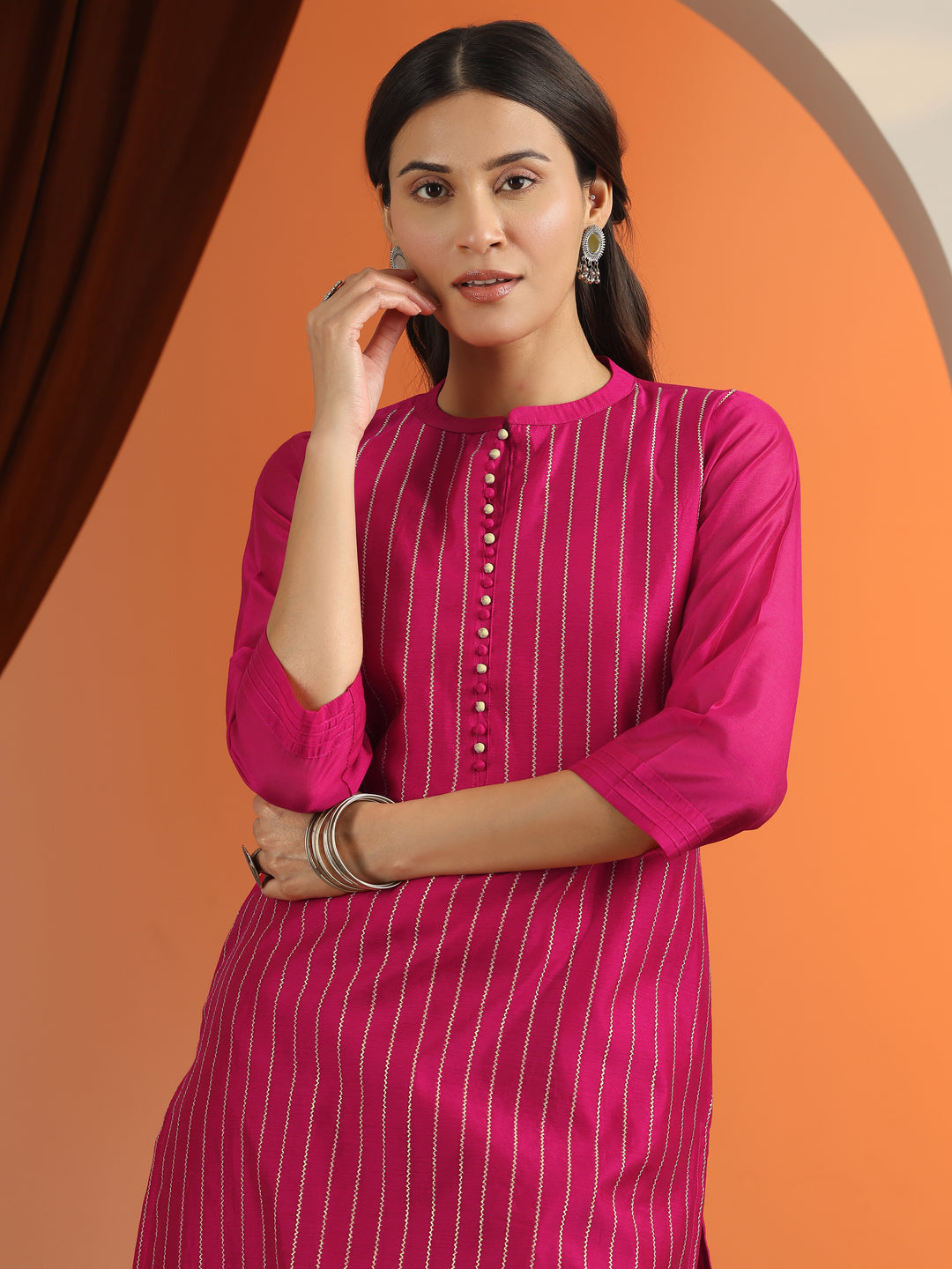  Pink Embroidered Silk Blend Straight Kurta 