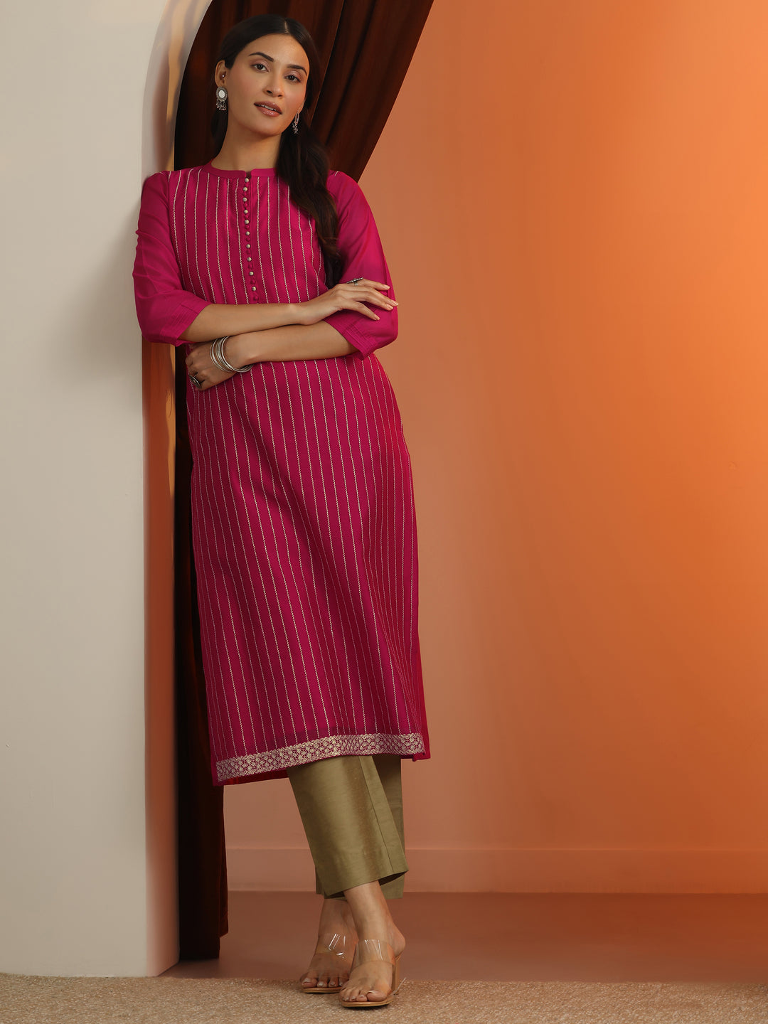  Pink Embroidered Silk Blend Straight Kurta 
