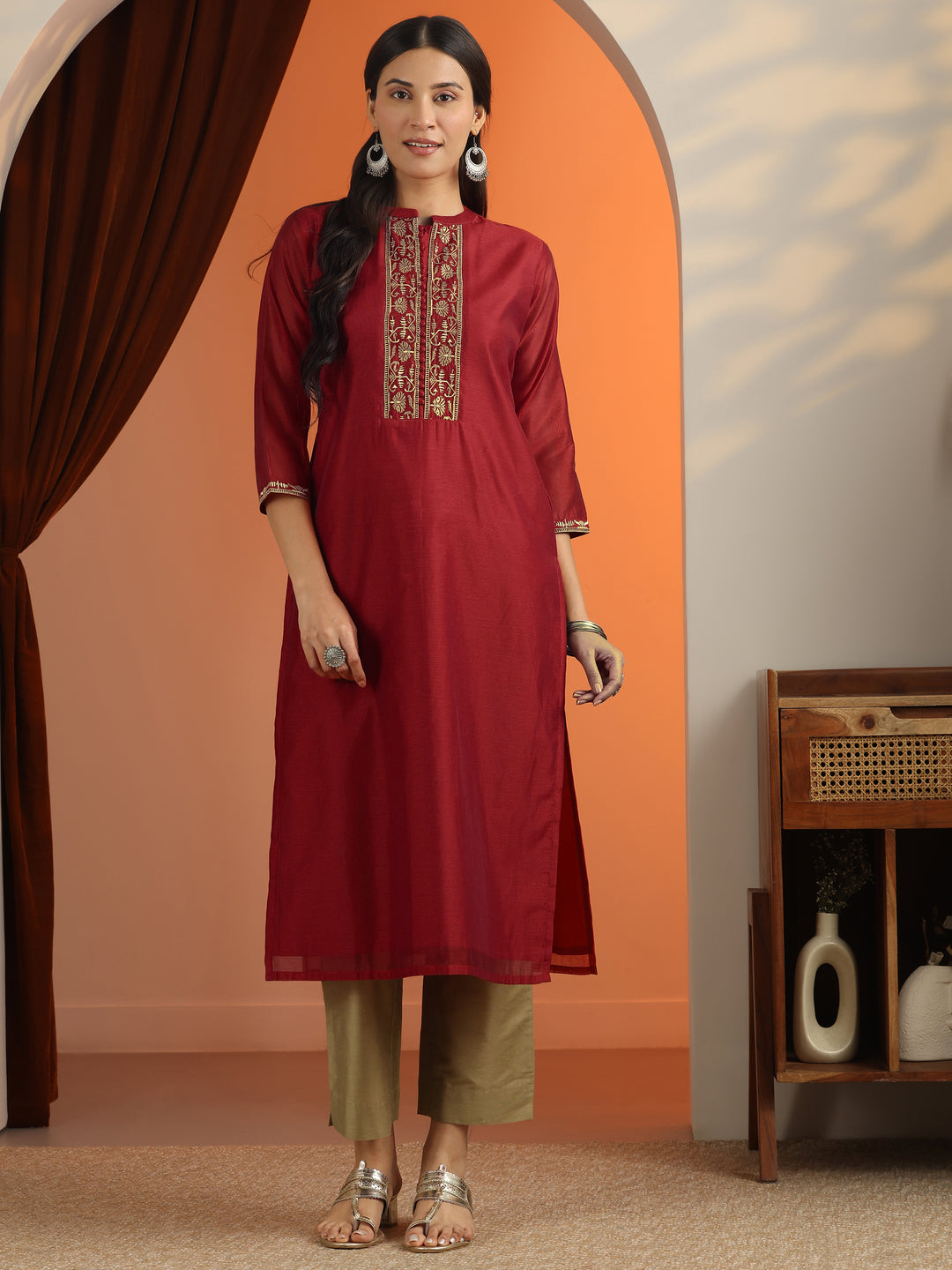  Red Embroidered Silk Blend Straight Kurta 