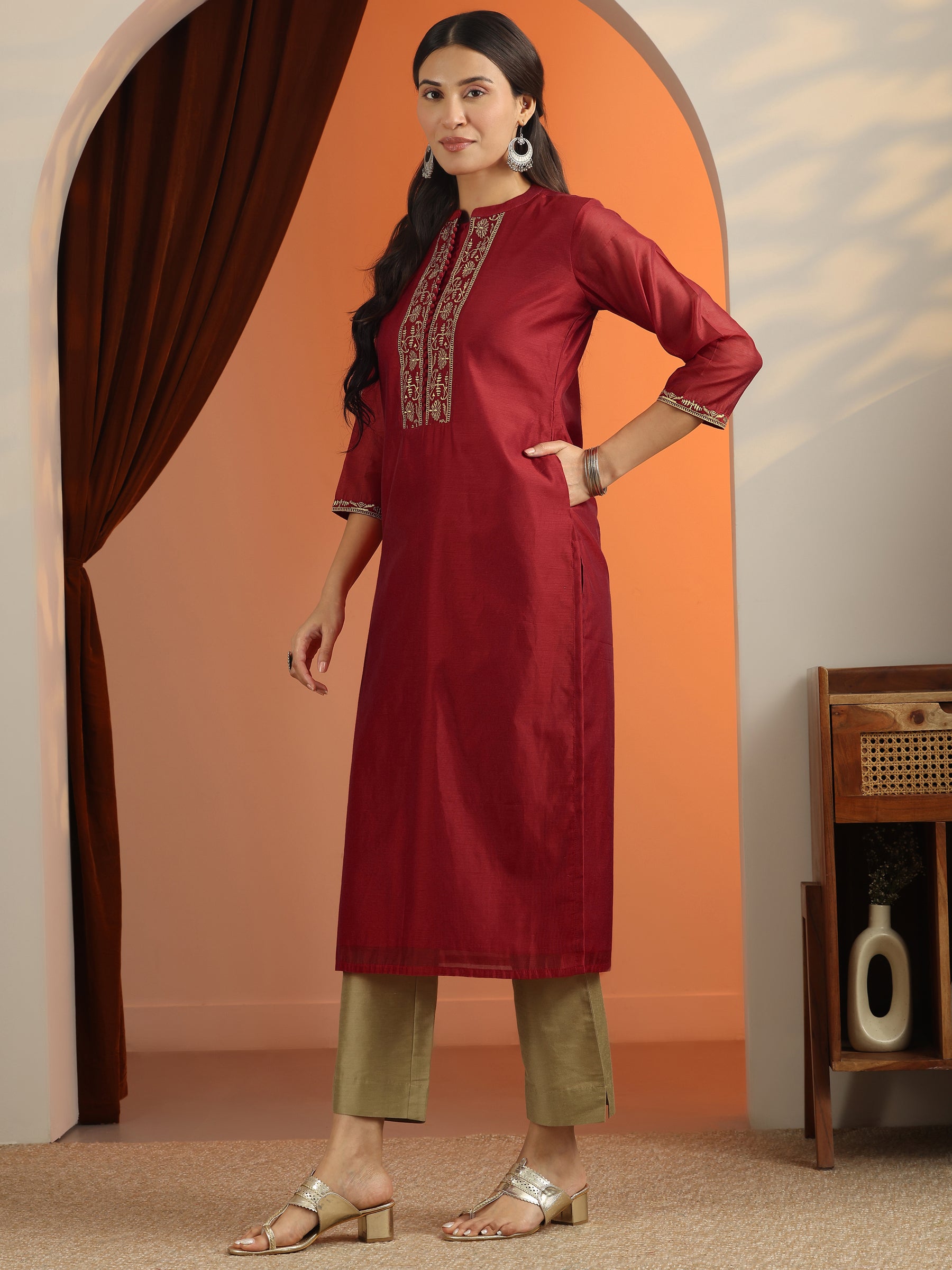 Beige Printed Silk Blend A-Line Kurti
