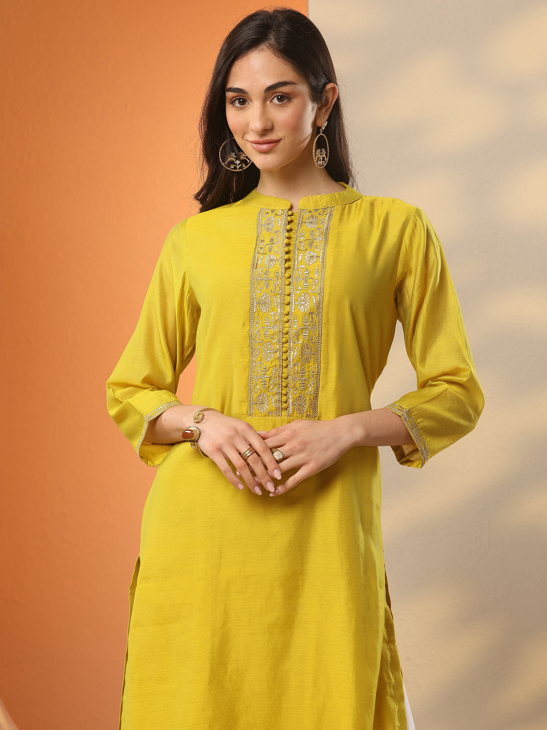  Yellow Embroidered Silk Blend Straight Kurta 