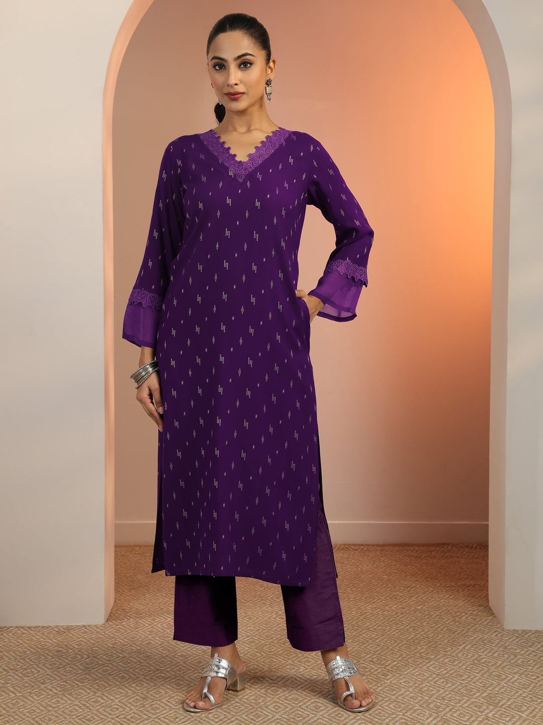  Purple Woven Design Rayon Straight Kurta 