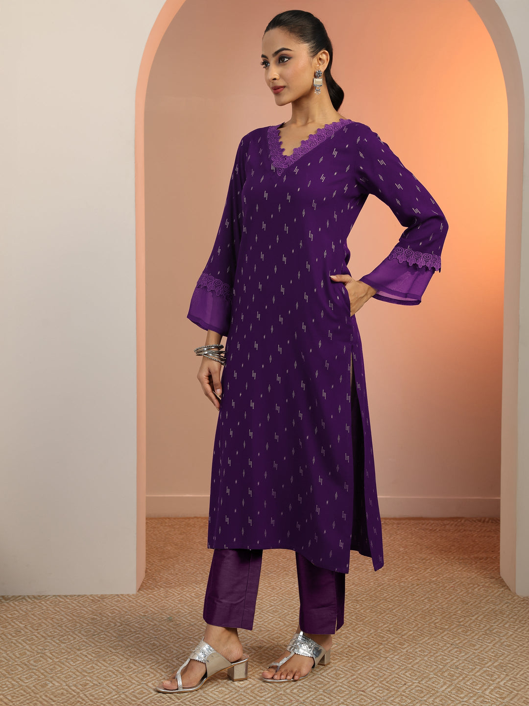  Purple Woven Design Rayon Straight Kurta 