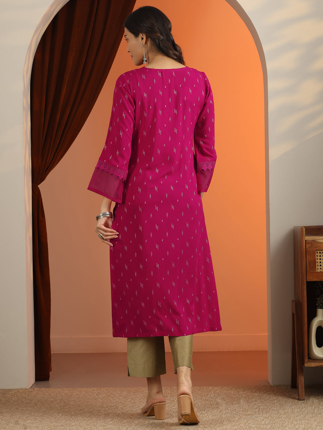  Pink Woven Design Rayon Straight Kurta 