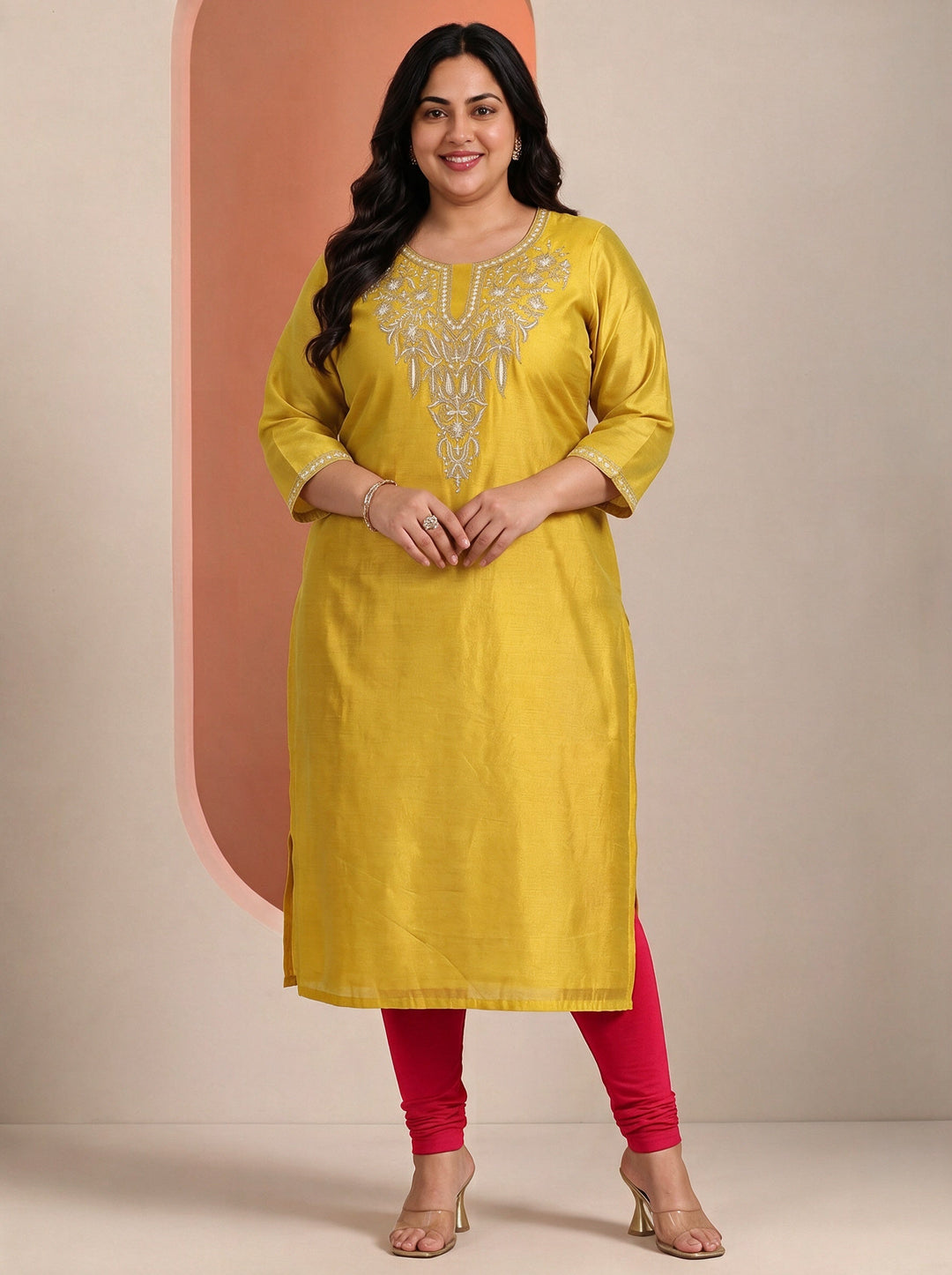 Plus Size Mustard Embroidered Silk Blend Straight Kurta 