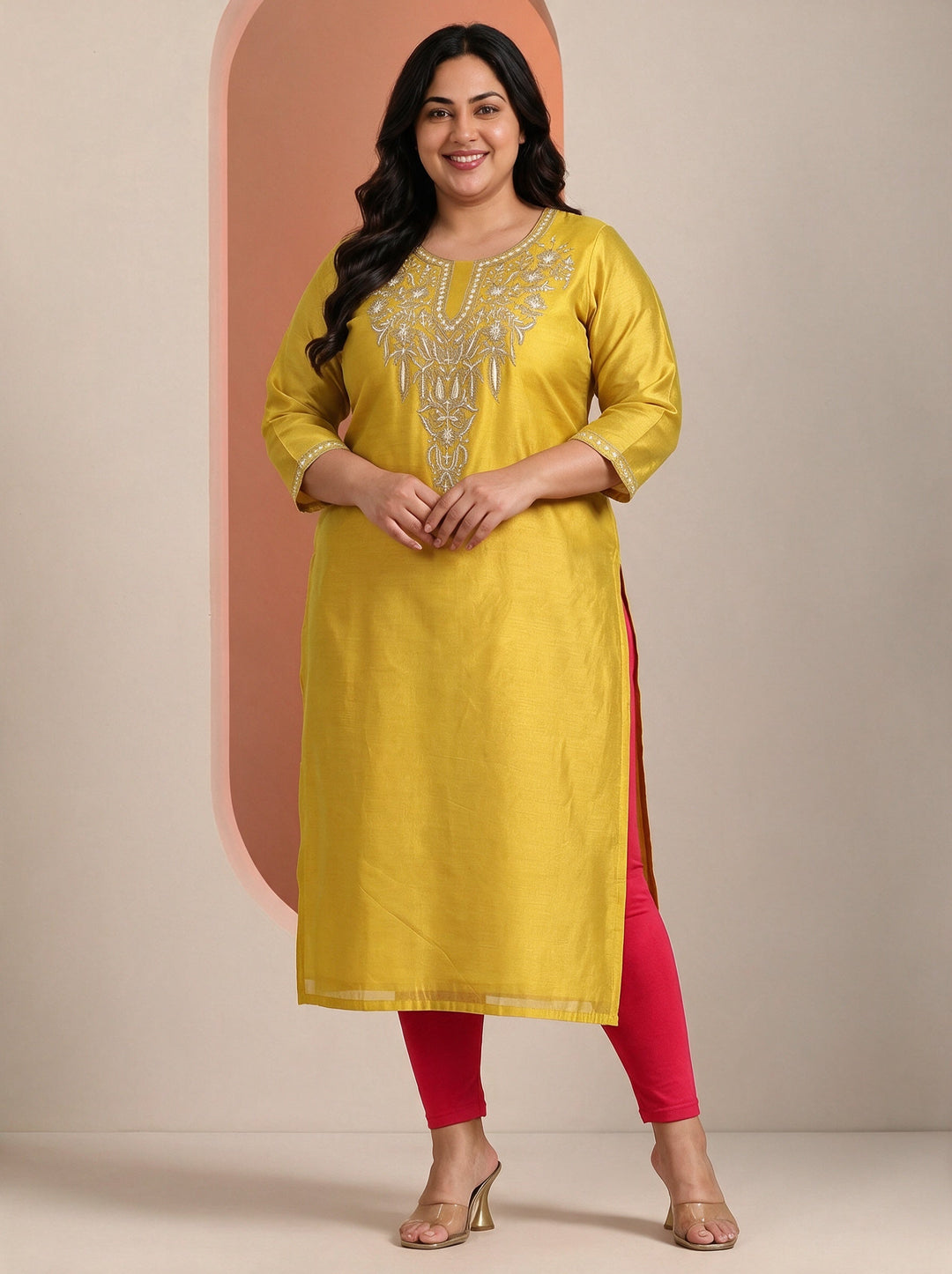  Plus Size Mustard Embroidered Silk Blend Straight Kurta 